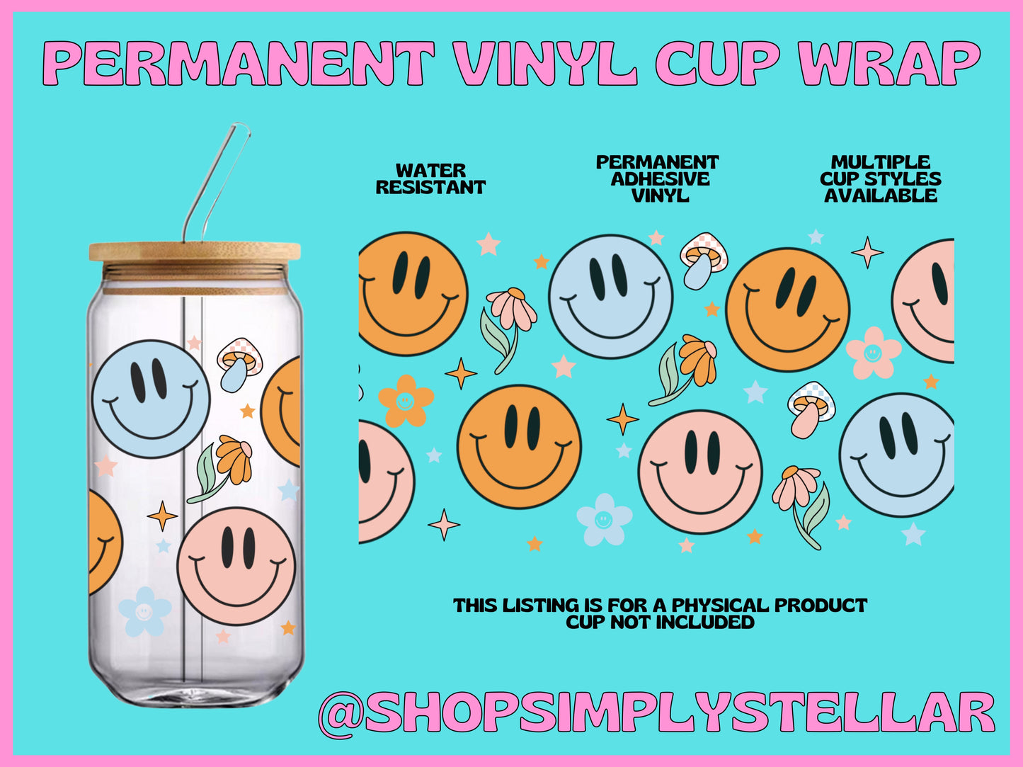 Smiley Face Mushroom Permanent Adhesive Vinyl Wrap